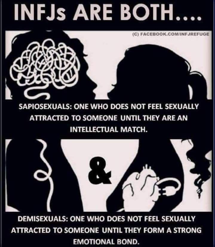 INFJs are both Sapiosexuals and Demisexuals -- attracted to intelligence and emotional connection